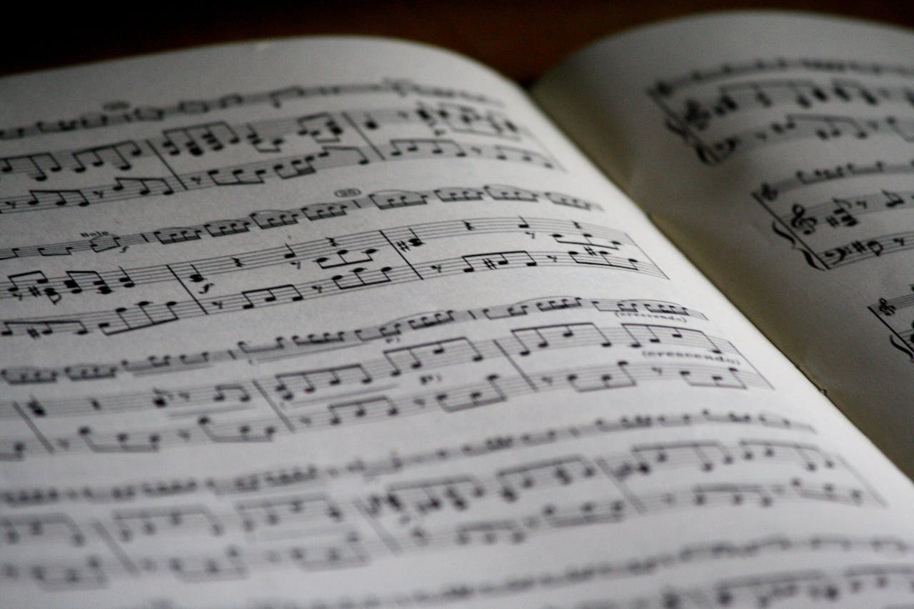 portfolio-04 Detailed close-up of a music sheet showing complex musical notes and compositions.